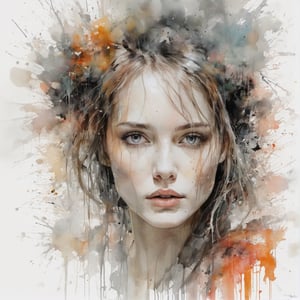 Portrait of a beautiful woman, pale colors, avant-garde, pencil, white background, watercolor, dripping paint, splatter paint, Anna Razumovskaya, Russ Mills, dripping paint,abstact