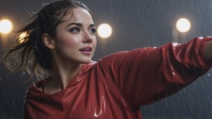 masterpiece, best quality, female, closeup, wind, storm, raining, soaked, professional photography, front view, facing viewer, looking at viewer, smirk, 8k, ultra realistic, night, upper body, photo r3al, shooting star, closed mouth, sensual,photo r3al