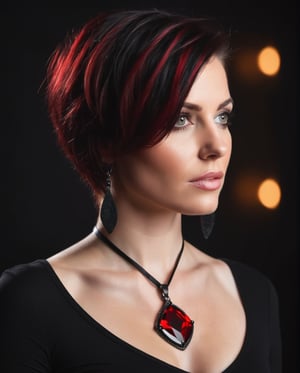 Beautiful woman, red-black hair, wearing leather pendant in black and red, ultra realistic, best quality, proper anatomy, beautiful, closeup, shallow depth of field, cinematic scene, cinematic lights