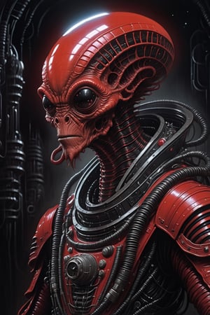 futuristic portrait of an alien monster from 2 2 s decade of xx century in red spacesuit in a style of hans giger, dark atmosphere, lovecraftian background, lynchian atmosphere, film noir, concept art, eerie athmosphere, art by kuvshinov ilya and zdislav beksinski and wayne barlowe and hans giger