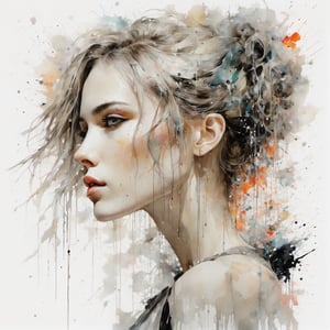 Side profile portrait of a beautiful woman, pale colors, avant-garde, pencil, white background, watercolor, dripping paint, splatter paint, Anna Razumovskaya, Russ Mills, ,dripping paint,Potrait of a girl 