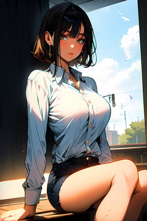 (materpiece:1,2), best quality, extremely detailed and complex, raytracing, depth_of_field, perfect shadows, perfect lighting, ultra high res, (extremely detailed body and face:1.4), (1girl sitting down with back straight facing and looking at the viewer:1). (She also wears a fully unbuttoned shirt and shorts), (thighs, under_boob),FUJI,nijistyle,SAM YANG