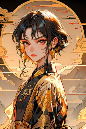 (masterpiece), 4k, extremely detailed and intricate, (1girl), short black hair,leaning back on balcony stretching legs, perfect face, beautiful face, detailed face, clear face, perfect body proportions,looking outside,(flat chest),closeup, wearing a black and gold cheongsam, ancient chinese city background,,extremely realistic,bright colors,midjourney portrait,nijistyle,gonggongshi