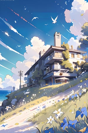 (materpiece:1,2), best quality, Japanese scene,cozy animation scenes, extremely detailed and complex, raytracing, long depth of field, raytracing, perfect shadows, perfect lighting, (exterior of a beautiful villa:1), (on top of the edge of a high grassy cliff above the sea and a sandy shoal:1.4), longshot, side view, midday, (autumn:0.5), flower beds of white lillies of the valley and purple irises ouside villa, (postmodern style building), seagulls and birds in the background