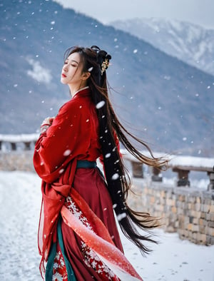 Best quality,(masterpiece:1.2),cinematic photo,1girl,A beautiful girl in red hanfu,Standing in the wind and snow,long hair blown by the wind,snow in the sky,upper body,snowing,snowy day,in winter,motion blur,(sad:1.1),(crying:1.1),close-up,(tears:1.1),(face focus:1.1),(close mouth:1.1),front view,