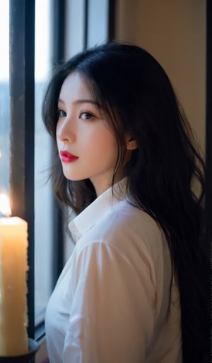 1girl, solo, long hair, looking at viewer, blue eyes, shirt, black hair, white shirt, parted lips, indoors, mole, lips, mole under eye, window, fire, nose, red lips, candle, from outside