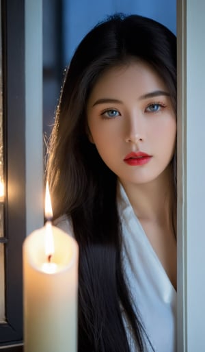1girl, solo, long hair, looking at viewer, blue eyes, shirt, black hair, white shirt, parted lips, indoors, mole, lips, mole under eye, window, fire, nose, red lips, candle, from outside