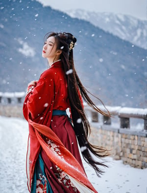 Best quality,(masterpiece:1.2),cinematic photo,1girl,A beautiful girl in red hanfu,Standing in the wind and snow,long hair blown by the wind,snow in the sky,upper body,snowing,snowy day,in winter,motion blur,(sad:1.1),(crying:1.1),close-up,(tears:1.1),(face focus:1.1),(close mouth:1.1),front view,