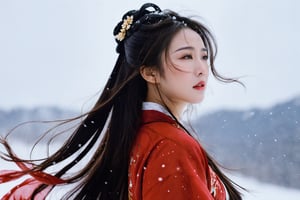 Best quality,(masterpiece:1.2),cinematic photo,1girl,A beautiful girl in red hanfu,Standing in the wind and snow,long hair blown by the wind,snow in the sky,upper body,snowing,snowy day,in winter,motion blur,(sad:1.1),(crying:1.1),close-up,(tears:1.1),(face focus:1.1),(close mouth:1.1),front view,