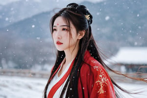 Best quality,(masterpiece:1.2),cinematic photo,1girl,A beautiful girl in red hanfu,Standing in the wind and snow,long hair blown by the wind,snow in the sky,upper body,snowing,snowy day,in winter,motion blur,(sad:1.1),(crying:1.1),close-up,(tears:1.1),(face focus:1.1),(close mouth:1.1),front view,
