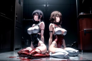 In the picture, two girl characters are sitting on the blood-stained ground, with long hair and wearing white underwear stained with blood. The clothes were torn and blood was visible on the body and clothes. The overall atmosphere of this photo seems a bit dark and tense. The artistic style of the picture is highly detailed and has a specific sense of sadness, creating a strong visual impact as a whole. more details, gore, nipples, labia,Ingrid,shirakawa kotone