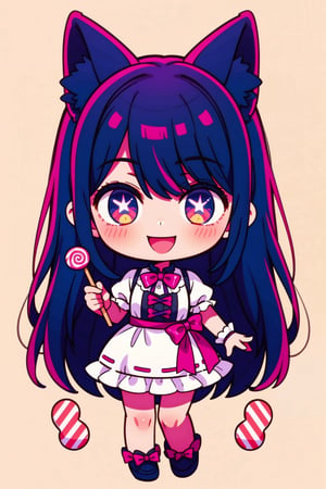 (masterpiece), candy, sweets, swirl lollipop, fullbody, chocolate, candy cane, 1girl,  cat ears, smile, ,Ai Hoshino, chibi, long_hair