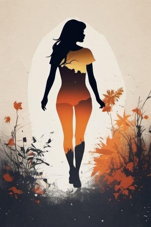 A minimalist, t-shirt design with a vintage twist, featuring a sleek and stylized unclad woman body silhouette against a faded, women body is painting about nature, awosome, bright.


