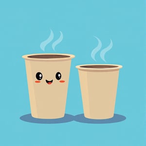 A flat 2D vector art illustration of a huge cartoon paper coffee cup with a smiley face on a blue background. The cup is depicted in a simple cartoon style, with a cute character design. The illustration captures the essence of morning coffee, with the cup next to another, suggesting a companionable drink. The focus is on the portrait of the coffee cup, emphasizing its cartoonish cuteness and the message Drink More Coffee. The hot coffee is ready to be enjoyed, set against a vibrant blue backdrop.