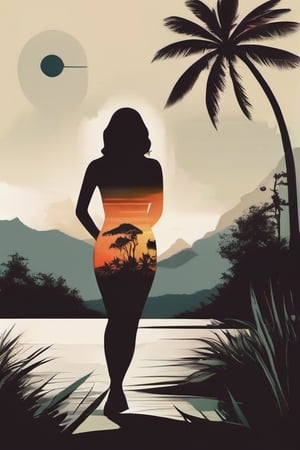 A minimalist, t-shirt design with a vintage twist, featuring a sleek and stylized unclad woman body silhouette against a faded, women body is painting about nature, awosome, bright.


