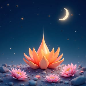 A serene digital illustration of a night sky with a crescent moon partially visible in the top right corner, surrounded by twinkling stars. In the center, a large, orange-colored flower-like structure with multiple petals and a pointed tip rests on a bed of small rocks and pebbles. Pink and white daisies bloom around it, creating a peaceful and serene atmosphere.