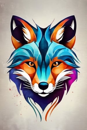 high quality, logo style, Watercolor, powerful colorful fox face logo facing forward, monochrome background, by yukisakura, awesome full color,


