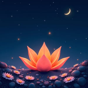 A serene digital illustration of a night sky with a crescent moon partially visible in the top right corner, surrounded by twinkling stars. In the center, a large, orange-colored flower-like structure with multiple petals and a pointed tip rests on a bed of small rocks and pebbles. Pink and white daisies bloom around it, creating a peaceful and serene atmosphere.