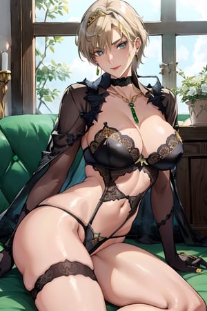 1 blonde woman,  in medieval church,  late night,  weak light,  dramatic light,  Revealing and bold clothing,  fantasy style clothing,  25 year old,  blue eyes,  short hair,  haruka,  hand on waist,  black lace bra (bra encrusted with gems:1.3),  black lace panties(panties encrusted with gems:1.3),  (gold earrings:1.3),  (tiara:1.4),  clear face,  large boobs, full thighs,  looking at viewer,  anime, makeup, eye shadow, lipstick, smile,  haruka,  aakusanagi, NonoharaMikako,  short hair,  blonde hair,  (mature_female:0.8),  tall woman,  (black lace long sleeve gloves:1.3),  (black stocking:1.3),  (silver chocker),  Golden necklace,  (white silk shawl),  (blue silk cloak),  Garnish with gems as decoration,  high ress,  Exquisite details,  Exquisite details,  luxury designed lingerie (Emerald decoration,  gold trim),  low angle shot,  highres,  masterpeices,  highheels,  collarbone,  silver chocker,  Exquisite details,  Exquisite details,  luxury designed lingerie (Emerald decoration:1.5),  shawl decoration as (gold trim:1.2),  lying_down, on sofa, leg spread,  cowboy_shot,  sexy pose,  ,  ,  ,  ,  closeup to pussy, juicy_panties, grabbing_thigh, , , , , 

