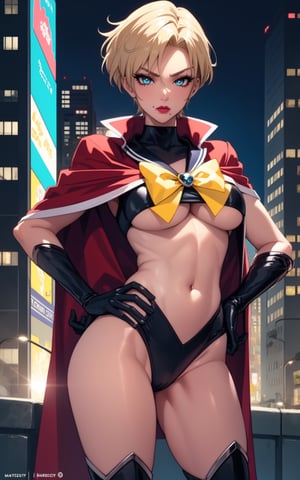 1girl, solo_female, haruka, blue eyes, blonde hair, short hair, sailor senshi uniform, sailor collar, tiara, yellow ribbon, gloves, choker, mature female, hands on hips, cowboy shot, looking at viewer, cityscape, night, city light, determined, makeup, lipstick, (mole under mouth:0.8), eyelashes, yellow eyes, detailed face,helloutfit, red cape, black (turtleneck:1.1), (underboob:1.1), black elbow gloves, (coattails:1.1), revealing clothes, center opening, highleg panties, thigh boots