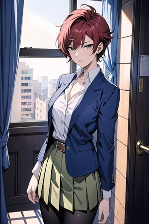 1girl, solo, (blue_blazer:1.5), (blue_blazer unbuttoned),(green_pleated_skirt:1.5), (black_pantyhose:1.5),(white_shirt:1.2), (belt:1.2),(red_hair:1.2), black_eyes,short hair,Bangs, (handsome short hair), (punk_hairstyle:1.3),
Emiko Amamiya, mature female, long legs, middle_Breasts, beautiful_face,dark corridor,indoors,
Night,standing,cowboy_shot,looking at viewer,

official art, extremely detailed CG unity 8k wallpaper,  perfect lighting, Colorful, Bright_Front_face_Lighting, White skin, 
(masterpiece:1.0), (best_quality:1.0),  ultra high res, 4K, ultra-detailed, photography, 8K, HDR, highres, absurdres:1.2, Kodak portra 400, film grain, lens flare, 
better_hands,