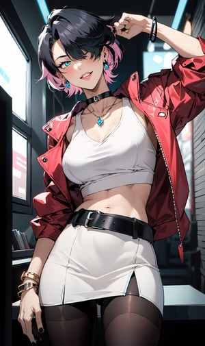 1girl,solo, looking at viewer, smile, short hair,long bangs,one-eye covered by bangs,black_ hair,small_breasts, cleavage,blue_eyes, jewelry,standing,pink_jacket,red_cropped_jacket, black_pantyhose, multicolored hair, cowboy shot, sweat, earrings, parted lips, choker,(blue_miniskirt:1.2),necklace, nail polish, bracelet,white_top,crop top,black_nails,navel, 
belt,

indoors,nightclub,dim_light,night,
short hair,haruka,mature female,thick_hip,full_thighs,Tomboy,Handsome Tomboy,(Hands:1.1), ,better_hands