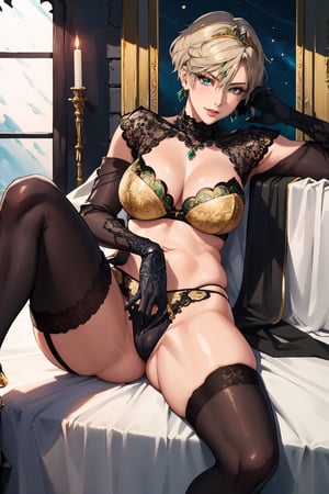 1 blonde woman,  in medieval church,  late night,  weak light,  dramatic light,  Revealing and bold clothing,  fantasy style clothing,  25 year old,  blue eyes,  short hair,  haruka,  hand on waist,  black lace bra (bra encrusted with gems:1.3),  black lace panties(panties encrusted with gems:1.3),  (gold earrings:1.3),  (tiara:1.4),  clear face,  large boobs, full thighs,  looking at viewer,  anime, makeup, eye shadow, lipstick, smile,  haruka,  aakusanagi, NonoharaMikako,  short hair,  blonde hair,  (mature_female:0.8),  tall woman,  (black lace long sleeve gloves:1.3),  (black stocking:1.3),  (silver chocker),  Golden necklace,  (white silk shawl),  (blue silk cloak),  Garnish with gems as decoration,  high ress,  Exquisite details,  Exquisite details,  luxury designed lingerie (Emerald decoration,  gold trim),  low angle shot,  highres,  masterpeices,  highheels,  collarbone,  silver chocker,  Exquisite details,  Exquisite details,  luxury designed lingerie (Emerald decoration:1.5),  shawl decoration as (gold trim:1.2),  lying_down, on sofa, leg spread,  cowboy_shot,  sexy pose,  ,  ,  ,  ,  closeup to pussy, juicy_panties, grabbing_thigh, , , , , 
