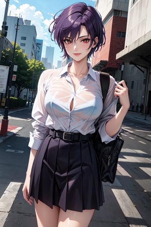 (masterpiece, best quality:1.3),highres,female_solo,mature_female,haruka,aakusanagi, short hair, purple hair,red eye,smile,makeup, eye shadow,
Exquisitely designed school uniforms,white_blouse,pleated miniskirt,leather_belt,black thightghts,standing,
Carrying a schoolbag on right shoulder,
At the school gate,
