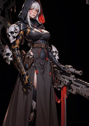 1girl, solo, breasts, looking at viewer, bangs, simple background, red eyes, thighhighs, dress, holding, medium breasts, closed mouth, standing, weapon, white hair, belt, sword, hood, medium hair, holding weapon, armor, black dress, gun, facial mark, black background, shoulder armor, gauntlets, holding gun, hood up, skull, mechanical arms, cyborg