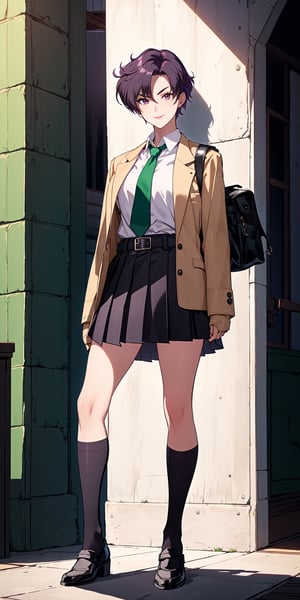 (masterpiece,  best quality:1.3),  highres,  1girl,  female_solo,  mature_female,  haruka,  aakusanagi,  short hair,  (purple hair:1.2),  red eye,  smile,  makeup,  eye shadow,  (mature female:0.8),  wearing chic jacket,  chic jacket,  Exquisitely designed school uniforms,  (light brown Girls School Blazer),  (white_shirt:1.2),  (green tie:1.2),  navyblue pleated miniskirt,  leather_belt,  (black patyhose:1.5),  school shoes,  a schoolbag on shoulder,  in school,  outdoors,  standing,  right hand on chest and left hand on waist,  full body shot, , , 
