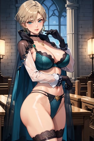 1 blonde woman, in medieval church, late night, weak light, dramatic light, Revealing and bold clothing,Roman costume elements,ancient roman clothing,
(long sheer Loincloth), 25 year old, blue eyes, short hair,haruka, aakusanagi,NonoharaMikako,hand on waist, black lace bra (bra encrusted with gems:1.3), black lace panties(panties encrusted with gems:1.3), (gold earrings:1.3), (tiara:1.4),  clear face,  large boobs,full thighs,  looking at viewer,  anime,makeup,eye shadow,lipstick,smile,short hair, blonde hair, (mature_female:1),(Curvy Figure:1.2), tall woman, (black lace long sleeve gloves:1.3), (black stocking:1.3), (silver chocker), Golden necklace, (white silk shawl), (blue silk cloak), Garnish with gems as decoration, 
high ress, Exquisite details, Exquisite details, luxury designed clothing (Emerald decoration,  gold trim), 
low angle shot, highres, masterpeices, highheels, 
collarbone,  silver chocker, Exquisite details, Exquisite details, luxury designed lingerie (Emerald decoration:1.5),  shawl decoration as (gold trim:1.2), 
standing, 
cowboy_shot, 
sexy pose, , , , , 
HaneAme,
 (gems on bra), (gems on panties)
