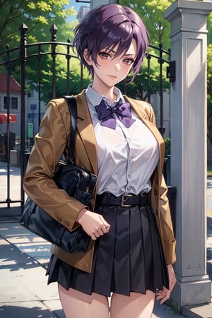(masterpiece, best quality:1.3),highres,female_solo,mature_female,haruka,aakusanagi, NonoharaMikako,short hair, purple hair,red eye,large breasts,smile,makeup, eye shadow,
brown jacket,
bow tie,white_blouse,pleated miniskirt,leather_belt,black thightghts,standing,
Carrying a schoolbag on the left shoulder,
At the school gate,
cowboy_shot