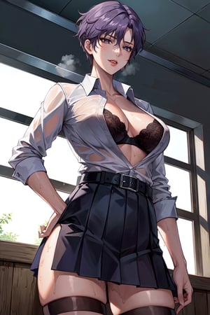 (masterpiece, best quality:1.3), highres, female_solo, mature_female, haruka, aakusanagi, NonoharaMikako, short hair, purple hair, red_eyes, large breasts, smile, makeup, eye shadow,
(white_soked_shirt:1.1),
sweating, wet_shirt, blue lace bra Under the soaked shirt , Shirt buttons unbuttoned to reveal breasts, pleated_skirt , leather_belt, black stockings, standing, Hands holding the collar of shirt,
cowboy_shoot, from side,
in class room, daytime, , , , , 
