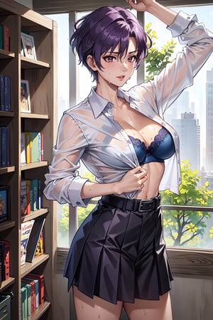 (masterpiece, best quality:1.3), highres, female_solo, mature_female, haruka, aakusanagi, NonoharaMikako, short hair, purple hair, red_eyes, large breasts, smile, makeup, eye shadow,
(white_soked_shirt:1.1),
(sweating:1.2), wet_shirt, blue lace bra Under the soaked shirt , Shirt buttons unbuttoned to reveal breasts and blue bra, dark blue pleated_skirt , leather_belt, black stockings, standing, hand open shirt,one hand on waist,
cowboy_shoot, from side,
daytime,
in class room, by the lockers, , , , , 
