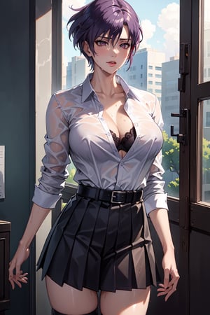 (masterpiece, best quality:1.3), highres, female_solo, mature_female, haruka, aakusanagi, NonoharaMikako, short hair, purple hair, red_eyes, large breasts, smile, makeup, eye shadow,
(white_soked_shirt:1.1),
sweating, wet_shirt, blue lace bra Under the soaked shirt , Shirt buttons unbuttoned to reveal breasts, pleated_skirt , leather_belt, black stockings, standing, Hands holding the collar of shirt,
cowboy_shoot, from side,
in class room, daytime, , , , , 
