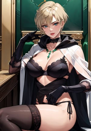 1 blonde woman,solo female, in medieval church, late night, weak light, dramatic light, Revealing and bold clothing, Roman costume elements, ancient roman clothing, Wearing (black panties:1.5) under (loincloth), (black lace long sleeve gloves:1.3),
(blue Loincloth), 25 year old, blue eyes, short hair, haruka, beauty face, large boobs, full thighs, looking at viewer, anime, makeup, eye shadow, lipstick, smile, short hair, blonde hair, (mature_female:0.8), tall woman, (black stocking:1.3),(black lace bra), (silver chocker), Golden necklace, (white silk shawl:1.2), (blue silk cloak:1.3), Garnish with gems as decoration, high ress, Exquisite details, Exquisite details, luxury designed clothing (Emerald decoration, gold trim), low angle shot, highres, masterpeices, highheels, collarbone, silver chocker, Exquisite details, Exquisite details, luxury designed lingerie (Emerald decoration:1.5), shawl decoration as (gold trim:1.2), 
cowboy_shot,low angle shot,
 sitting, on (blue sofa),leg cross,sexy pose, HaneAme,
,highheels, juicy_panties