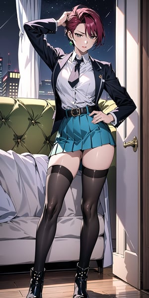 a (red_hair) girl, solo,  black_eyes, (punk_hairstyle:1.4),a girl wear (blue_blazer) and (green_pleated-skirt:1.4) and (white shirt) , (black_stockings:1.5),croped-jacket,
belt, boots,
short hair,Bangs,earrings,Emiko Amamiya, mature female, (slim long leg),  middle_Breasts,  beautiful_face,(slim:1.1),(thin:1.1),
Poker face,  standing, full-body_portrait, indoors, Pantry, (Night:1.5), looking at viewer, by the window, 

official art, extremely detailed CG unity 8k wallpaper,  perfect lighting, Colorful,  Bright_Front_face_Lighting, White skin, 
(masterpiece:1.0), (best_quality:1.0),  ultra high res, 4K, ultra-detailed, 
photography,  8K,  HDR,  highres,  absurdres:1.2,  Kodak portra 400,  film grain, lens flare, 
better_hands,