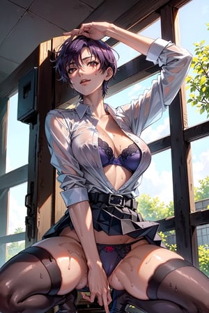 (masterpiece, best quality:1.3), highres, female_solo, mature_female, haruka, aakusanagi, NonoharaMikako, short hair, purple hair, red_eyes, large breasts, smile, makeup, eye shadow,
(white_soked_shirt:1.1),
sweating, wet_shirt, blue lace bra Under the soaked shirt , Shirt buttons unbuttoned to reveal breasts and blue bra, pleated_skirt , leather_belt, black thigh Highs, kneel,
in class room, daytime,
leg_spread, darkblue panties,
Bold and sexy pose,
close up to pussy, low angle shoot, low angle perspective, , , , , 
, skirt_lift