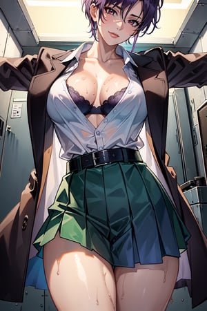 (masterpiece, best quality:1.3), highres, female_solo, mature_female, haruka, aakusanagi, NonoharaMikako, short hair, purple hair, red_eyes, large breasts, smile, makeup, eye shadow,
(white_soked_shirt:1.1),
sweating, wet_shirt, blue lace bra Under the soaked shirt , Shirt buttons unbuttoned to reveal breasts and green bra, dark blue pleated_skirt , leather_belt, black stockings, standing, hand taking shirt off,
cowboy_shoot,
daytime,
in class room, by the lockers, , , 
open brown jacket
