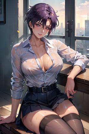 (masterpiece, best quality:1.3), highres, 1woman, mature_female, haruka, aakusanagi, NonoharaMikako, short hair, purple hair, red_eyes, large breasts, smile, makeup, eye shadow,blowjob,1boy,sitting,on chair,

(white_soked_shirt:1.1),
sweating, wet_shirt, blue lace bra Under the soaked shirt , Shirt buttons unbuttoned to reveal breasts and blue bra, pleated_skirt , leather_belt, black Thigh High Stockings, sitting,
in class room, daytime,
from side