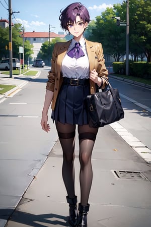 female_solo,mature_female,haruka,aakusanagi, short hair, purple hair,large breasts,smile,
Exquisitely designed school uniforms,white_blouse,miniskirt,(brown_school_jacket),leather_belt,black stockings,standing,
Carrying a bag
At the school gate,
full body shot