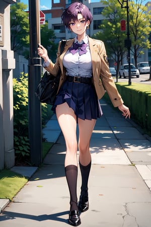 female_solo,mature_female,haruka,aakusanagi, short hair, purple hair,large breasts,smile,
Exquisitely designed school uniforms,white_blouse,miniskirt,(brown_school_jacket),leather_belt,black stockings,standing,
Carrying a schoolbag on the shoulder,
At the school gate,
full body shot