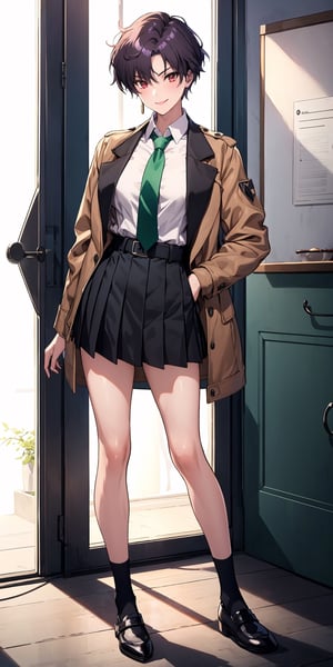 (masterpiece,  best quality:1.3),  highres,  1girl, female_solo,  mature_female,  haruka,  aakusanagi,  short hair,  purple hair,  red eye,  smile,  makeup,  eye shadow, (mature female:0.8), wearing chic jacket, chic jacket, 
Exquisitely designed school uniforms, (light brown short jacket:1.2),  (white_shirt:1.2), (green tie:1.2), navyblue pleated miniskirt,  leather_belt,  (black patyhose:1.4), school shoes, 
in school, indoors,  standing, full body shot, , , 