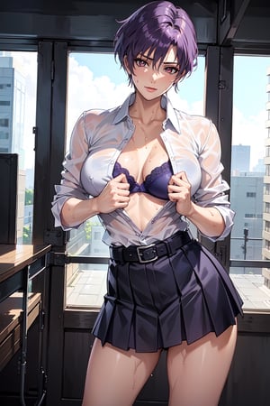 masterpiece, best quality:1.3), highres, female_solo, mature_female, haruka, aakusanagi, NonoharaMikako, short hair, purple hair, red_eyes, large breasts, smile, makeup, eye shadow,
(white_soked_shirt:1.1),
sweating, wet_shirt, blue lace bra Under the soaked shirt , Shirt buttons unbuttoned to reveal breasts and blue bra, dark blue pleated_skirt , leather_belt, black stockings, standing, hand open shirt,
cowboy_shoot, from side,
daytime,
in class room, by the lockers, , , , , 

