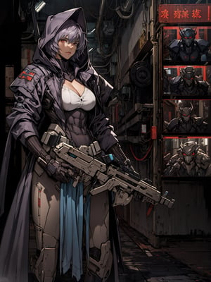 masterpiece,best quality, solo_female,highres,  aakusanagi,short hair,lavender_hair,large_breasts, cleavage, open-jacket,brown_military_uniforms,white_blouse,open collar shirt,military_boots,black_glove,holding a huge gun,hoodie-cloak,Mecha,mecha musume,weapon on arm,warhammer,in hanger,looking_at_viewer