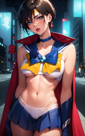 (highres, high quality:1.2), 1girl,haruka,intricate details, cinematic lighting, sharp focus, depth of field, 1girl, mature female, hands on hips, cowboy shot, looking at viewer, cityscape, night, city light, determined,blone hair,short hair, 
 tiara, yellow ribbon,choker, hair intakes, makeup, lipstick, (mole under mouth:0.8), eyelashes, yellow eyes, detailed face, red cape, (underboob:1.1),(blue mini_skirt:1.1),blue bra, white elbow gloves, , center opening, highleg panties, thigh boots, (multicolored clothes:1.1)midriff,short hair,blue eyes,Ingrid,
sailor senshi uniform, sailor collar, tiara, sailor senshi, yellow ribbon, gloves, choker,Ingrid,Read description!