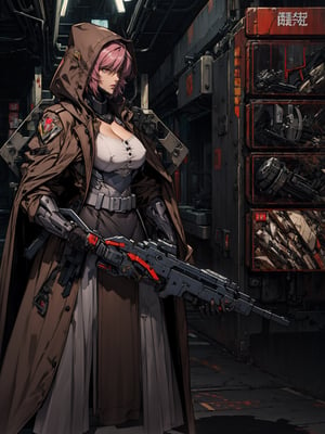 masterpiece,  best quality, solo_female,highres,  aakusanagi,short hair,pink_hair,large_breasts, cleavage, open-jacket,brown_military_uniforms,brown pencil_skirt,white_blouse,open collar shirt,military_boots,black_glove,holding a huge gun,hoodie-cloak,Mecha,mecha musume,weapon