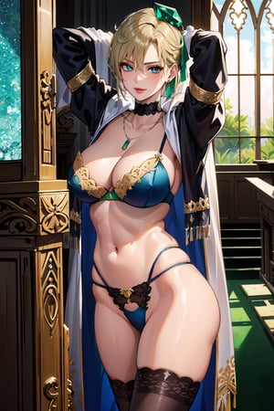 1 blonde woman,  in medieval church,  late night,  weak light,  dramatic light,  Revealing and bold clothing, Roman costume elements, ancient roman clothing, Wearing (black panties) under (loincloth), (black lace long sleeve gloves:1.3), 
(blue Loincloth),  25 year old,  blue eyes,  short hair,  haruka,  hand on waist, lear face,  large boobs, full thighs,  looking at viewer,  anime, makeup, eye shadow, lipstick, smile, short hair,  blonde hair,  (mature_female:0.8),  tall woman,  (black stocking:1.3),  (silver chocker),  Golden necklace,  (white silk shawl:1.2),  (blue silk cloak:1.3),  Garnish with gems as decoration,  high ress,  Exquisite details,  Exquisite details,  luxury designed clothing (Emerald decoration,  gold trim),  low angle shot,  highres,  masterpeices,  highheels,  collarbone,  silver chocker,  Exquisite details,  Exquisite details,  luxury designed lingerie (Emerald decoration:1.5),  shawl decoration as (gold trim:1.2),  standing,  cowboy_shot,  sexy pose,  ,  ,  ,  ,  HaneAme, , , , , 
