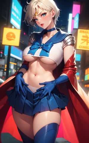 (highres, high quality:1.2), 1girl,haruka,intricate details, cinematic lighting, sharp focus, depth of field, 1girl, mature female, hands on hips, cowboy shot, looking at viewer, cityscape, night, city light, determined,blone hair,short hair, 
 tiara, yellow ribbon,choker, hair intakes, makeup, lipstick, (mole under mouth:0.8), eyelashes, yellow eyes, detailed face, red cape, (underboob:1.1),(blue mini_skirt:1.1),blue bra, white elbow gloves, , center opening, highleg panties, thigh boots, (multicolored clothes:1.1)midriff,short hair,blue eyes,Ingrid,
sailor senshi uniform, sailor collar, tiara, sailor senshi, yellow ribbon, gloves, choker,Ingrid,Read description!