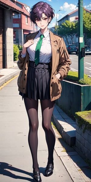 (masterpiece,  best quality:1.3),  highres,  1girl, female_solo,  mature_female,  haruka,  aakusanagi,  short hair,  purple hair,  red eye,  smile,  makeup,  eye shadow, (mature female:0.8), wearing chic jacket, chic jacket, 
Exquisitely designed school uniforms, (light brown short jacket:1.2),  (white_shirt:1.2), (green tie:1.2), navyblue pleated miniskirt,  leather_belt,  (black patyhose:1.4), school shoes, 
a schoolbag on shoulder, 
in school,  outdoors,  standing, right hand on chest and left hand on waist,  full body shot, , , 
